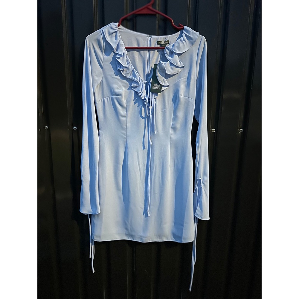 Wild Fable Light Blue Ruffle V-Neck Long Sleeve Mini Dress with Tie Cuffs XS